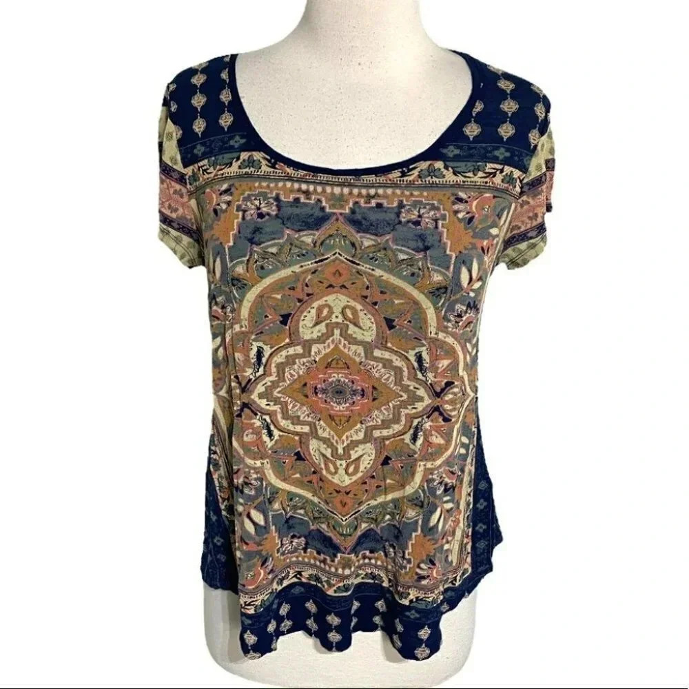 Lucky Brand Medallion Print Tee S Navy Blue Boho Mandala Short Sleeve Top